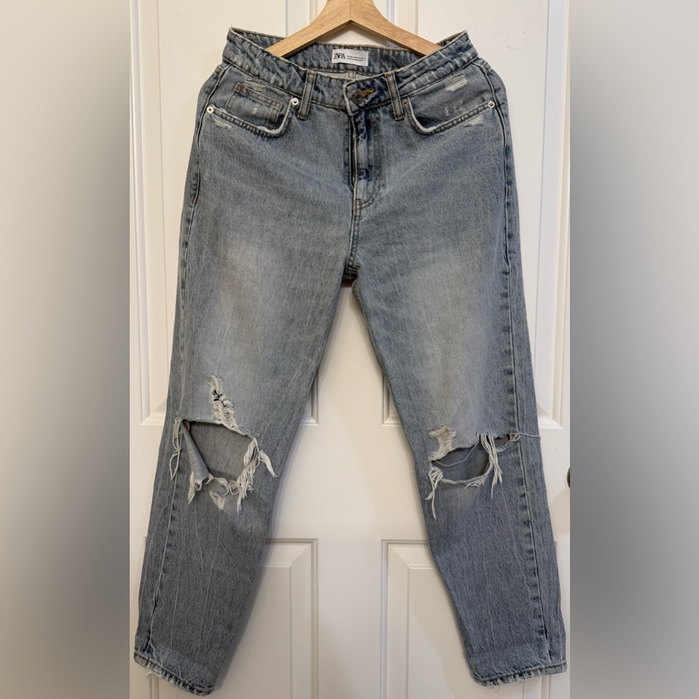 Zara High Rise Distressed Denim Jeans
